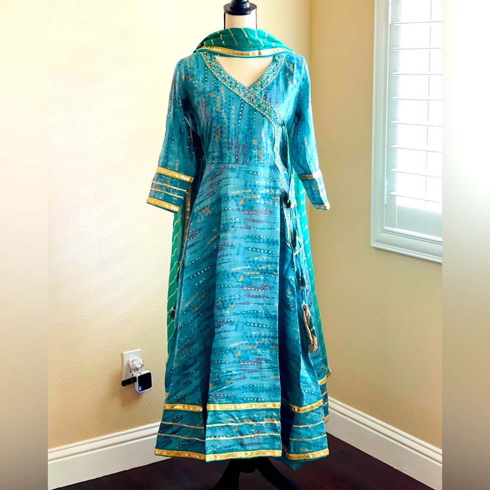 Blue angrakha style Anarkali set